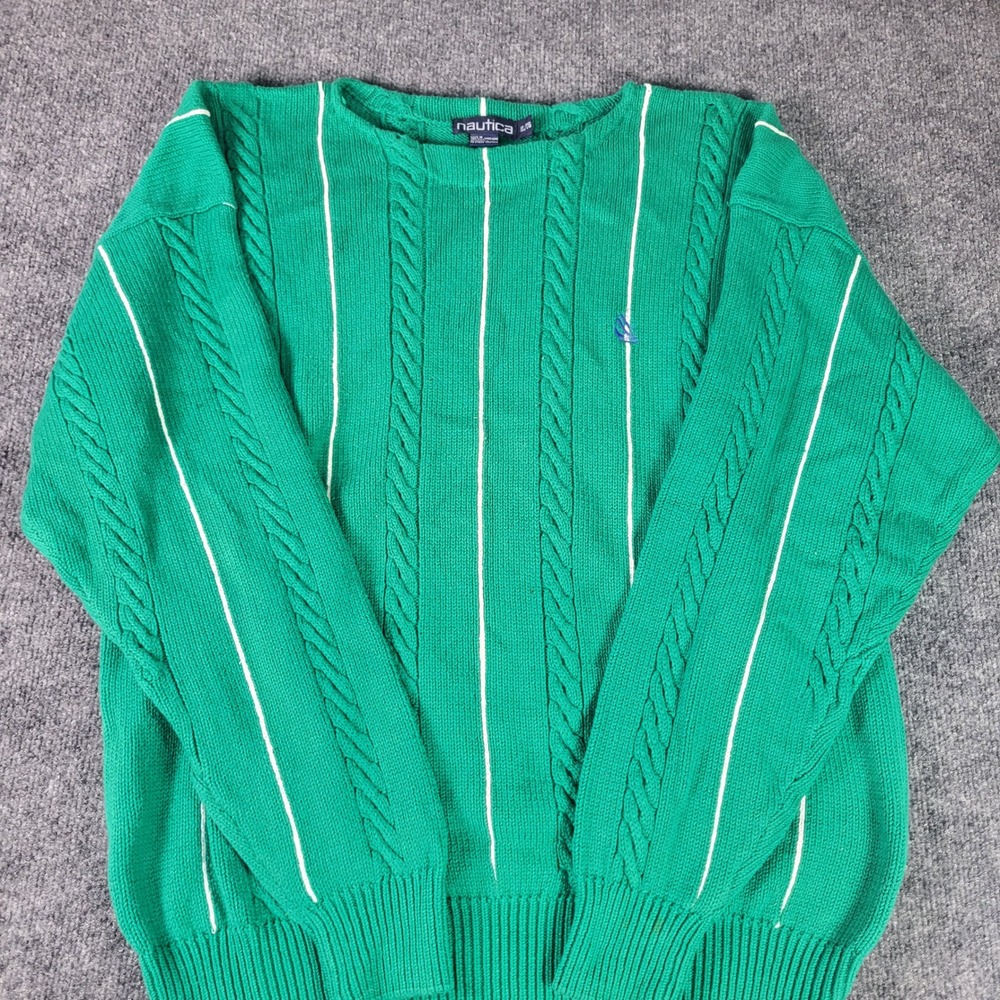 Nautica Mens XL Green Cable Knit Striped Cotton Crewneck Sweater Vintage
